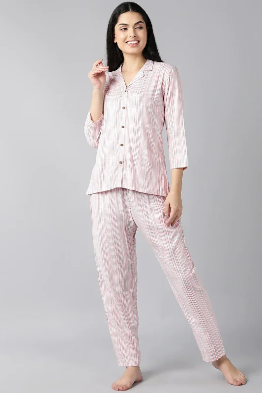 Women's Pink Pure Cotton Striped Night Suit - Rasiya