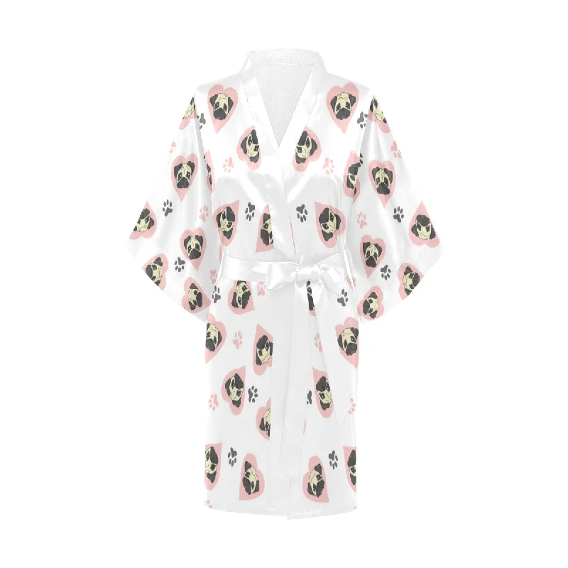 Cute pugs pink heart paw pattern Women's Short Kimono Robe