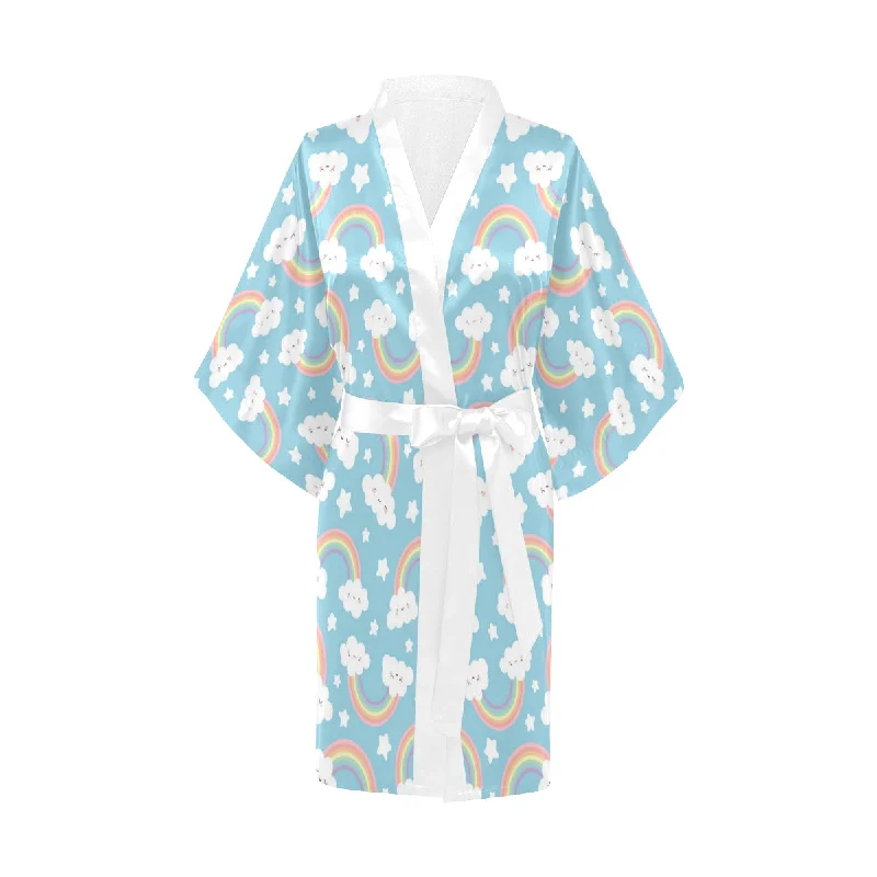 Cute rainbow clound star pattern blue background Women's Short Kimono Robe