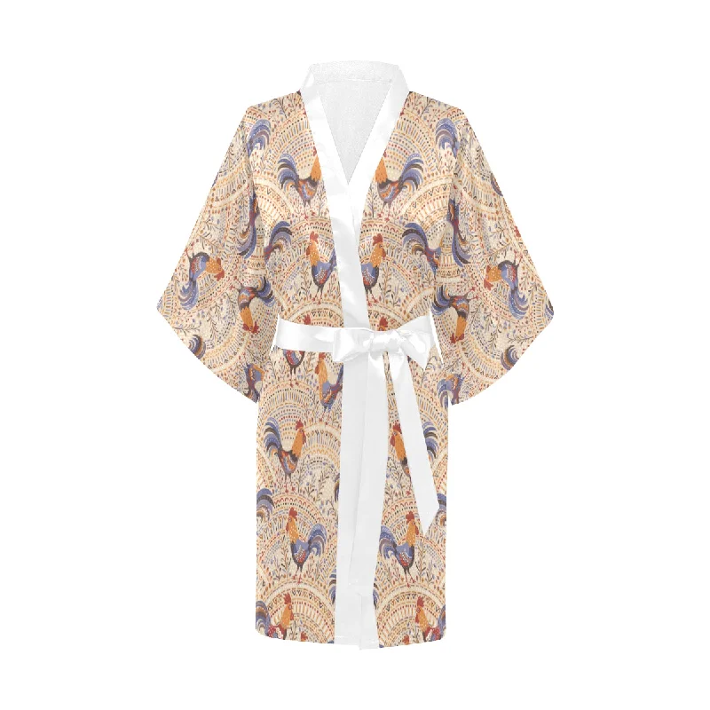 Cute rooster chicken cock floral ornament backgrou Women's Short Kimono Robe