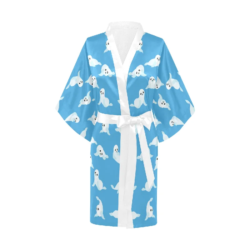 Cute sea lion seal pattern background Women's Short Kimono Robe