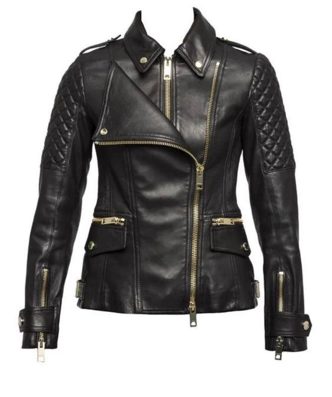 Women Real Lambskin Leather Biker Jacket KW517