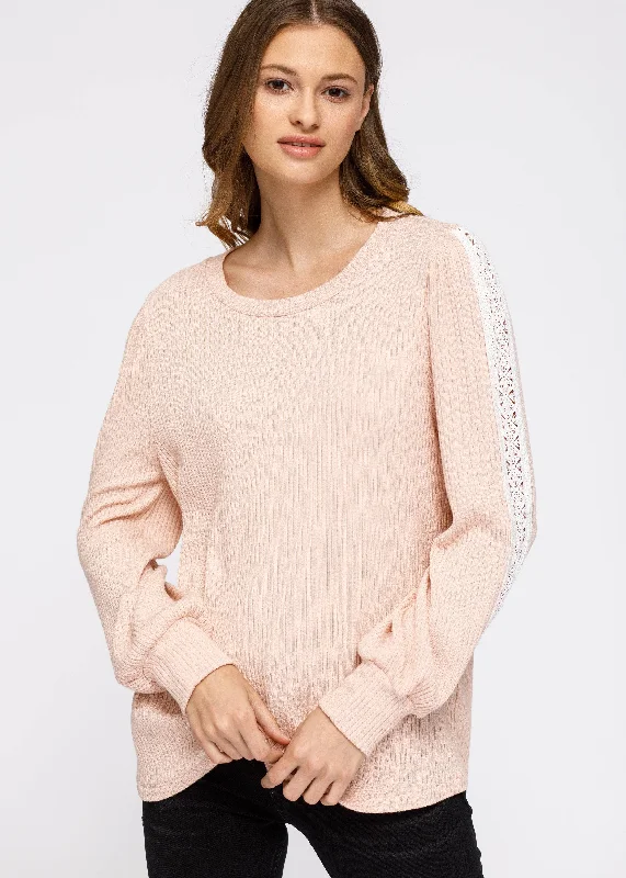 Women's Round Neck Sweater With Long Cuff Sleeves in Blush