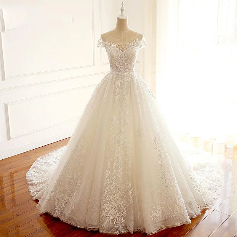 Short Sleeves Scoop High Quality Princess Wedding Dresses, Elegant Most Popular Real Made Bridal Gowns with train , WD0284