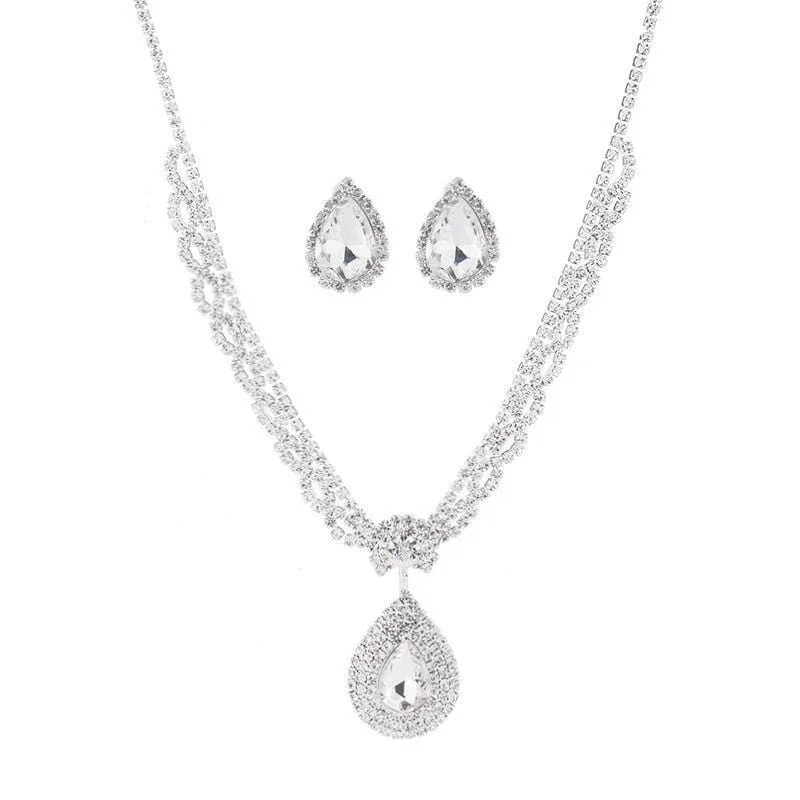 Women Shiny Rhinestone Design Drop Shape Pendant Necklace Earrings Set