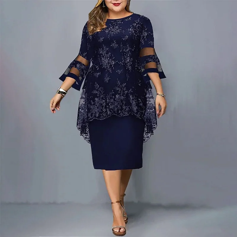 Plus Size Lace Mesh Elegant Midi Dress