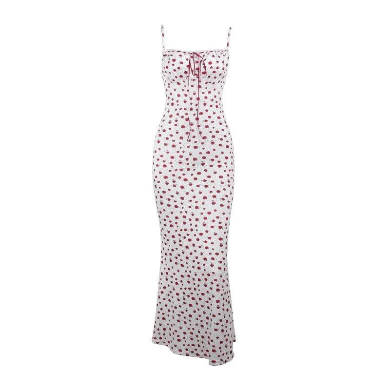 Bowknot ribbon stitch flower print polka dot cami maxi dress