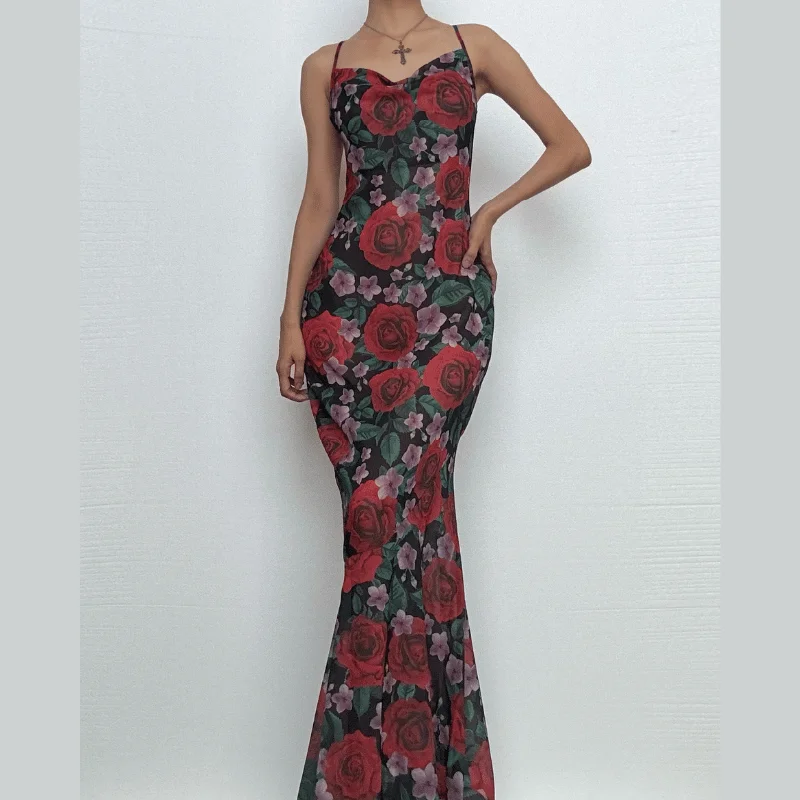 Cowl neck flower print contrast backless cami maxi dress