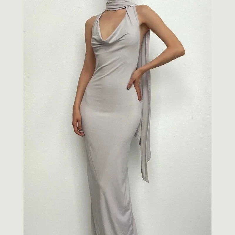 Ruched slit halter ribbed backless cowl neck solid maxi dress