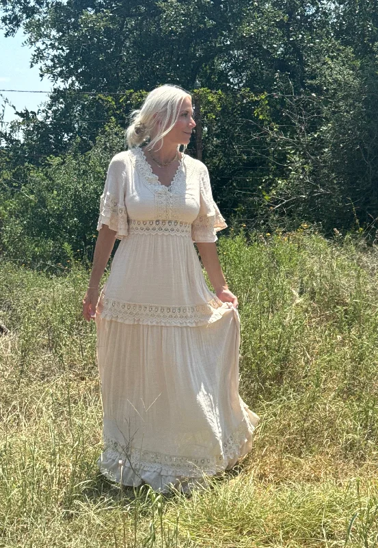 V-Neck Lace Trim Maxi Dress