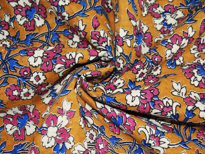 Orange Floral Pure Cotton Kalamkari Fabric