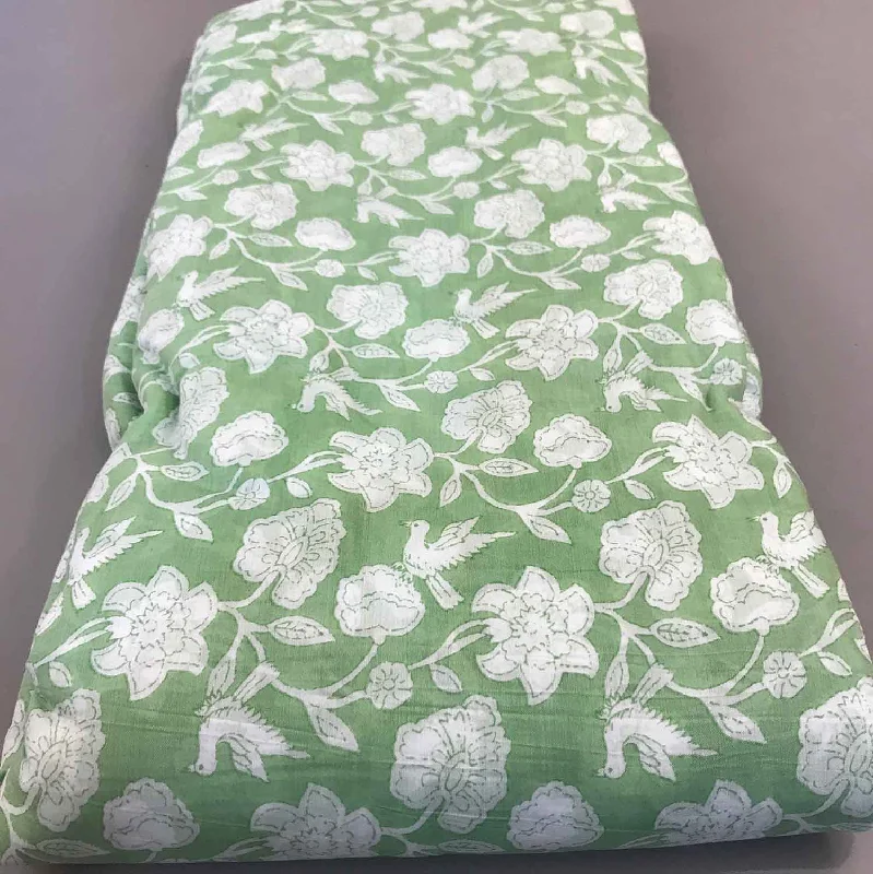 White and Green Floral Muslin Silk Fabric