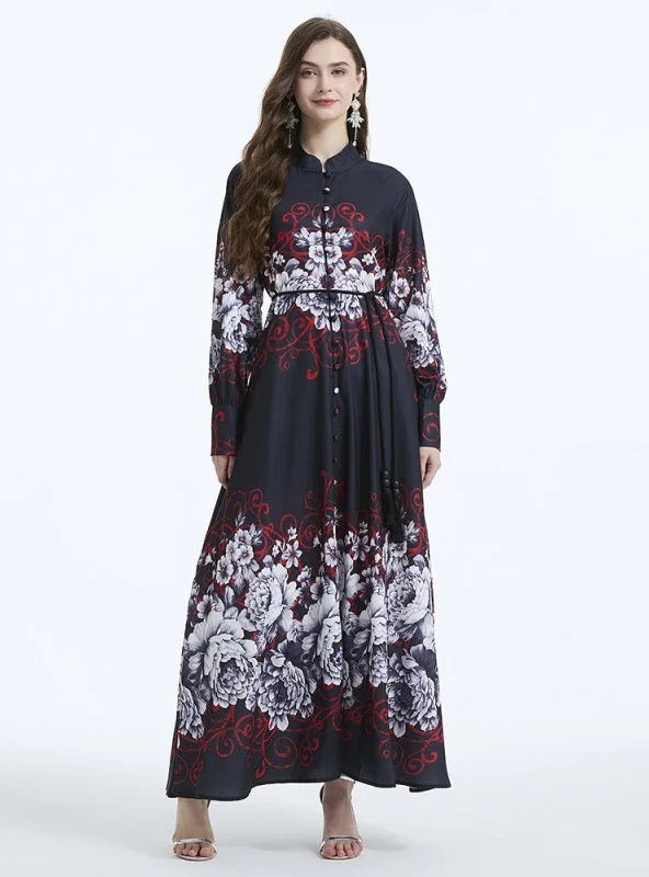 Palace Style Retro Lantern Sleeve Printing Ruffled Dress